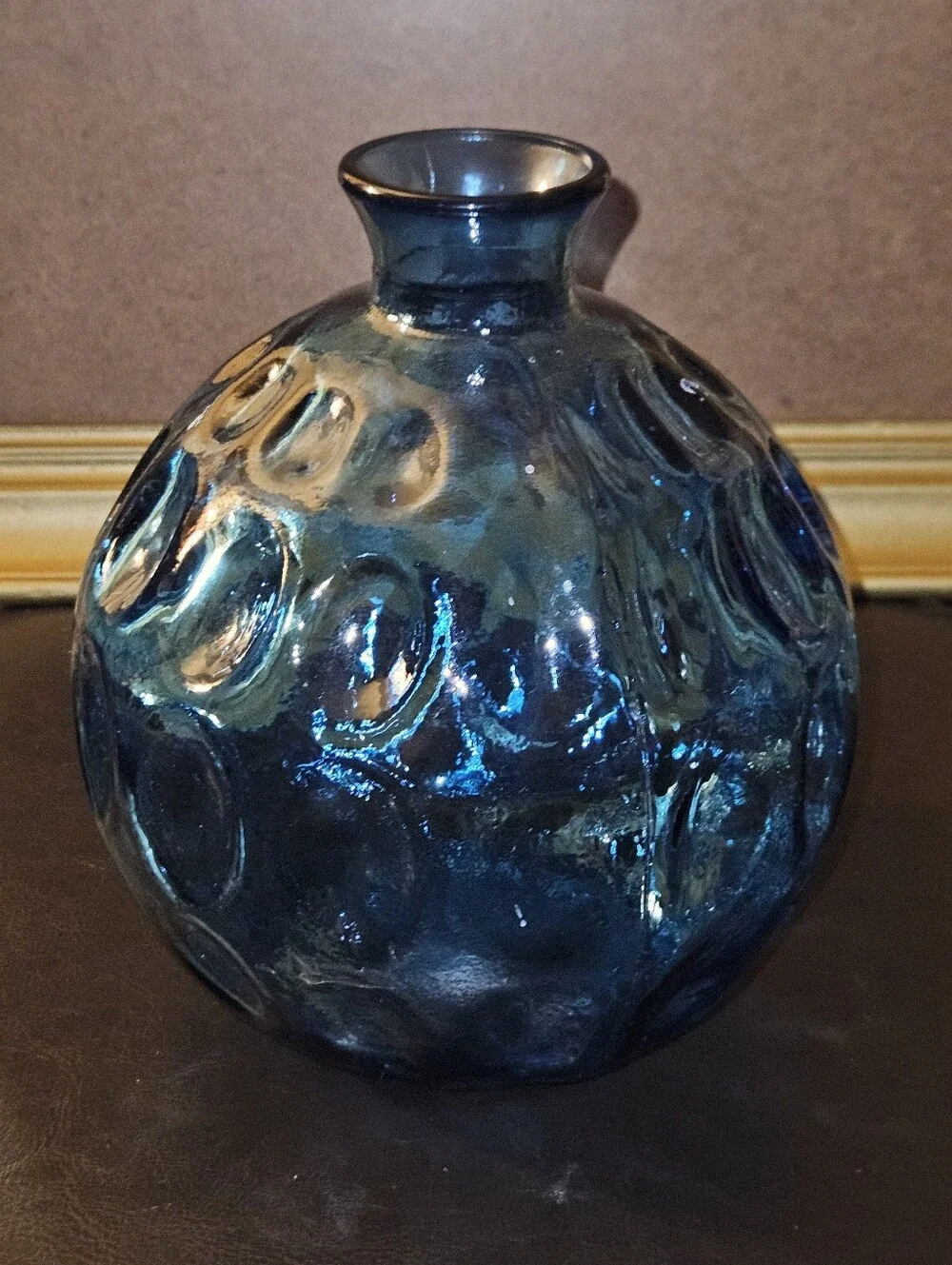 Vintage Sapphire Blue Thumb Print Glass Round Flower Vase